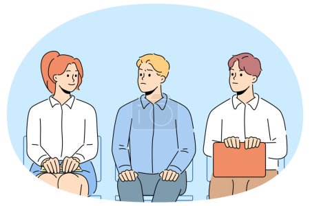 Men look at female job candidate sitting in line waiting for interview together. Male employees looking woman rival in office. Sexism and gender discrimination. Vector illustration.