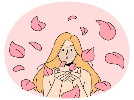 Ilustración de Mujer desnuda soplar pétalos de rosa a la cámara. Elegante chica rubia esparció olor a flores soplando pétalos. Ilustración vectorial. - Imagen libre de derechos