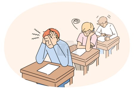 Anxious students sitting at desk in classroom writing test together. Worried pupils finish examination in classroom. Education and exam time. Vector illustration.
