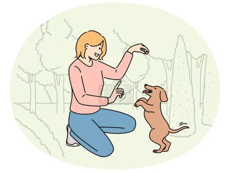 Smiling woman playing with puppy in park. Happy girl have fun learn commands with cute dog in forest. Vector illustration.