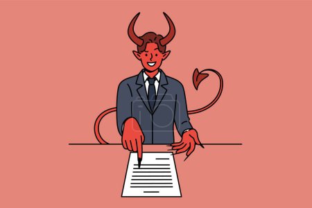 Teufel bietet an, auf dem Tisch liegende Geschäftsverträge zu unterzeichnen, um satan Seele zu verkaufen. Konzept eines schlechten kommerziellen Angebots und eines unrentablen Vertrages zur Durchführung gesetzwidriger Arbeiten