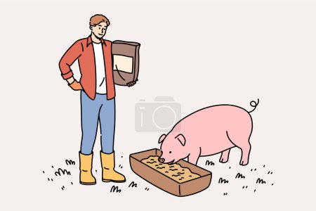 Illustration for Man farmer engaged in livestock farming and pours feed from grains and cereals for pigs. Guy passionate about livestock farming monitors nutrition of animals, for accelerate growth of piglet - Royalty Free Image