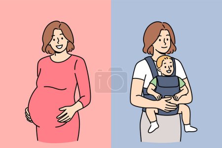 Mujer embarazada antes y después del parto, pone las manos en el estómago o sostiene al bebé recién nacido en brazos. Chica feliz experimenta felicidad después del parto y emociones positivas de la maternidad