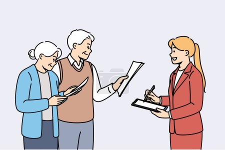 Girl conducts survey of older people, issuing questionnaires to study quality of life after retirement. Gray-haired elderly man and woman consulting with pension fund lawyer giving financial advice
