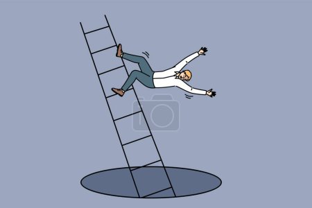 Illustration for Loser man falls from career ladder into abyss, risking injury due to careless actions. Accident with guy who fell down career ladder after start of labor market crisis and wave of layoffs - Royalty Free Image