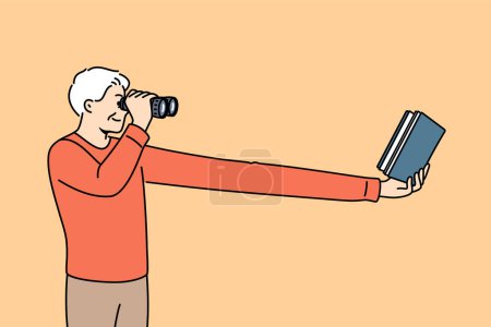 Myopic elderly man uses binoculars to read book, needs corrective surgery on eye pupils. Myopic human is looking for contacts of ophthalmologist from clinic to get advice on eyesight treatment