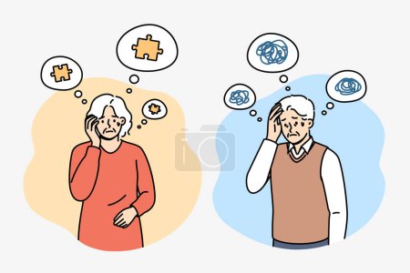 Problème d'alzheimer et de démence chez les personnes âgées qui éprouvent une perte de mémoire ou le chaos dans la tête. Les hommes et les femmes âgés ont besoin de soins en raison de la maladie d'Alzheimer causée par des maladies liées à l'âge.