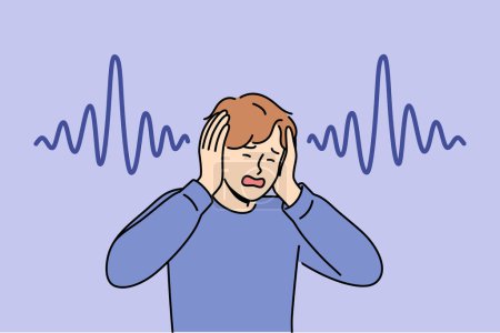 Ein Mann, der sein Gehör verloren hat, klammert sich an Hände und schreit und erlebt Panik aufgrund von Symptomen einer schrecklichen Krankheit. Typ mit gutem Gehör leidet unter lauter Musik und Lärm, spürt Kopfschmerzen und Migräne