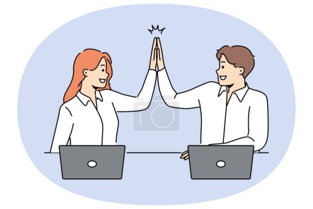 Illustration for Smiling businesspeople give high five working together in office. Happy employees celebrate shared win coworking at workplace. Vector illustration. - Royalty Free Image