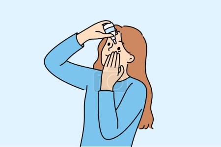 Woman uses eye drops to improve vision or reduce dry pupils causing ophthalmic diseases. Young girl with eye drops recommended by ophthalmologist to avoid blindness and conjunctivitis.