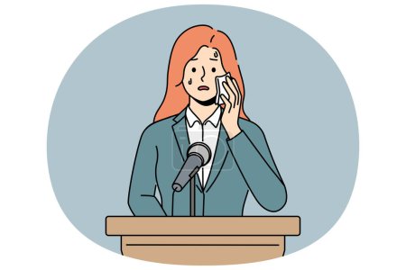 Mujer ansiosa de pie en tribuna sufren de fobia a hablar en público. Las oradoras preocupadas presentes en la conferencia luchan con ansiedad. Ilustración vectorial.