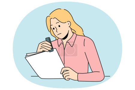 Focused female secretary stapling paperwork in office. Concentrated woman employee busy with organizing paper document at workplace. Vector illustration.