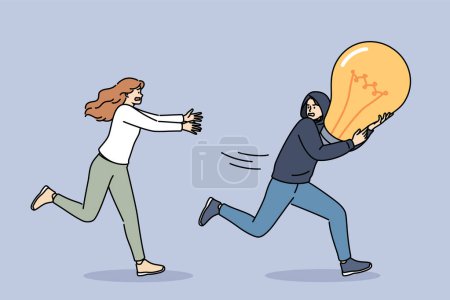 Illustration for Man runs away with stolen idea and holds light bulb, trying to hide from woman accuses robber of plagiarism. Concept of problem of copyright infringement and plagiarism or theft of innovative ideas - Royalty Free Image