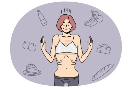Mujer flaca se niegan a comer sufren de anorexia. Niña delgada poco saludable lucha con la pérdida de peso anormal. Problemas de salud. Ilustración vectorial.