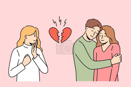Love triangle between woman upset because of boyfriend who was accused of cheating. Broken heart near love triangle of couple and envious girl suffering from unrequited sympathy for man