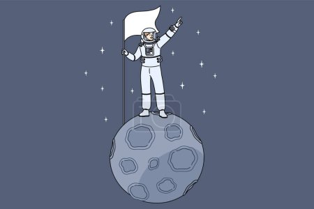 Illustration for Man astronaut stands on miniature moon in space and holds flag pointing towards endless galaxy. Astronaut guy dressed in spacesuit who was in orbit for first time and went into open cosmos - Royalty Free Image