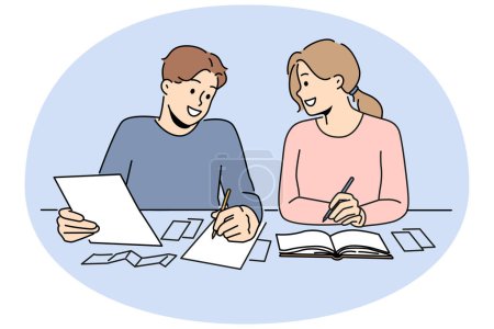 Smiling couple sit at desk managing finances. Happy man and woman take care of household budget, planning expenses. Vector illustration.