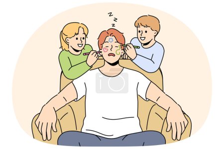 Happy children have fun drawing on father sleeping on chair at home. Naughty smiling kids paint on sleepy dad face, relaxing in armchair. Vector illustration.