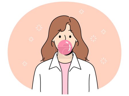 Smiling girl blow bubble from gum. Happy child with pink bubblegum. Fun and childhood. Vector illustration.