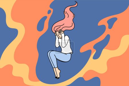 Depressive Frau klammert sich an Kopf und fühlt Migräne, die durch Stress verursacht wird und zwischen Flammen schwebt. Apathischer Zustand und Frustration bei depressiver Frau, die Hilfe vom Psychotherapeuten braucht, um psychische Störungen zu bekämpfen