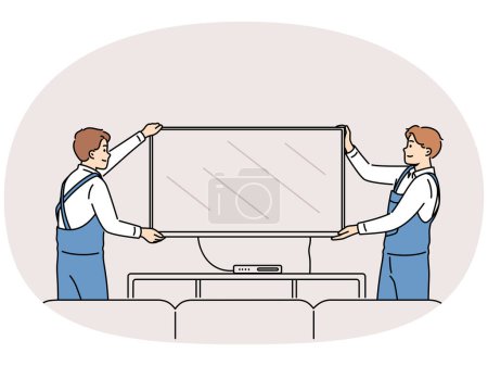 Smiling male workers in uniform hang TV on wall in apartment. Happy mechanics install television set at client home. Good quality service. Vector illustration.