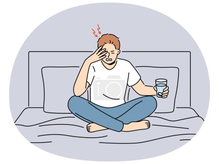 Unhealthy man sit on bed suffer from migraine holding glass of water with pill. Unwell guy struggle with headache from hangover take painkiller medication. Vector illustration.
