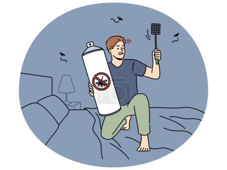 Angry man sit on bed at home with fly swatter and aerosol suffer from mosquitos at night. Mad male renter with spray and flyswatter killing insects. Vector illustration.