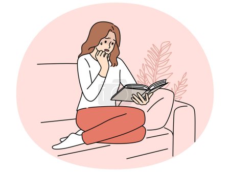 Woman sit on couch rad book crying. Unhappy girl feel emotion reading literature at home. Hobby and emotions. Vector illustration.