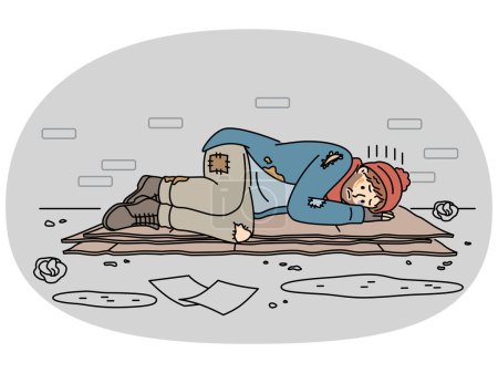 Unhappy homeless man sleeping on street suffer from poverty and hunger. Upset poor male feel despair of dirty city street. Homelessness concept. Vector illustration.