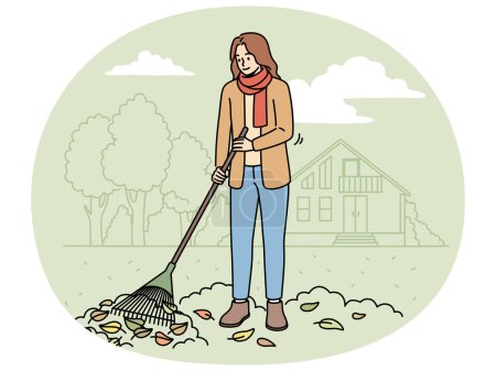 Woman with rake gathering leaves in street in autumn. Female in outerwear sweeping fallen leaves in fall. Vector illustration.