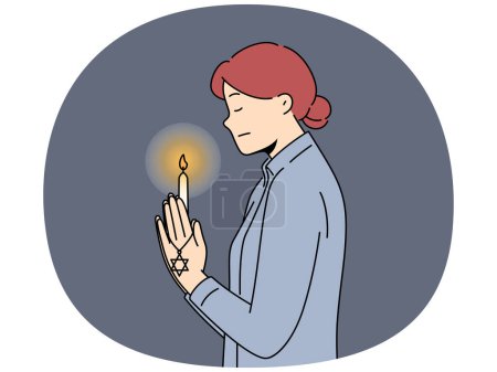 Betende Jüdin mit Davidstern und brennender Kerze in der Hand zum internationalen Holocaust-Gedenktag. Jüdisches Betmädchen wendet sich Gott zu, der in Synagoge steht und Gebete liest