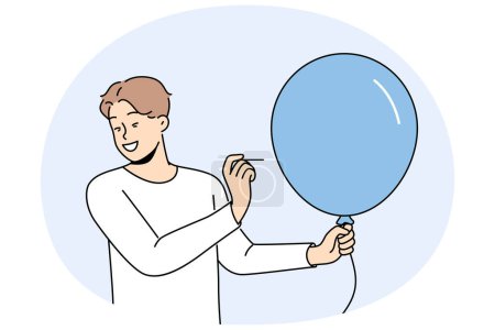 Man with balloon holds needle, wanting to make loud explosion to cheer people around. Happy guy dressed in casual style with blue balloon in hands makes prank to scare or amuse friends.