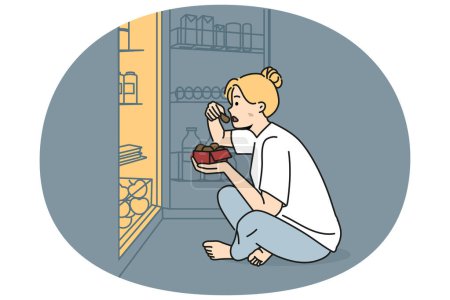Woman sit on floor near fridge eating at night. Hungry girl near refrigerator suffer from eating disorder. Diet and nutrition problem. Vector illustration.