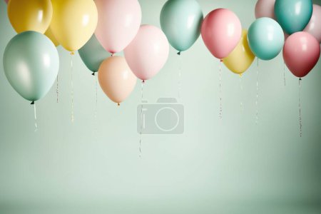 Photo for Colorful balloons hanging on pastel background, in the style of subtle pastel hues, light pink and yellow AI - Royalty Free Image