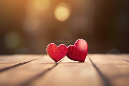 Photo for Two red hearts on a wooden surface, in the style of lighthearted, pink core AI - Royalty Free Image
