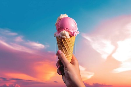 Téléchargez les photos : Une personne tenant un cône de crème glacée rose dans le ciel ensoleillé, dans le style de couleurs luxuriantes, composition accrocheuse - en image libre de droit