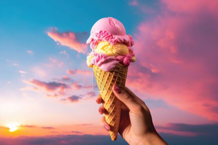 Téléchargez les photos : Une personne tenant un cône de crème glacée rose dans le ciel ensoleillé, dans le style de couleurs luxuriantes, composition accrocheuse - en image libre de droit