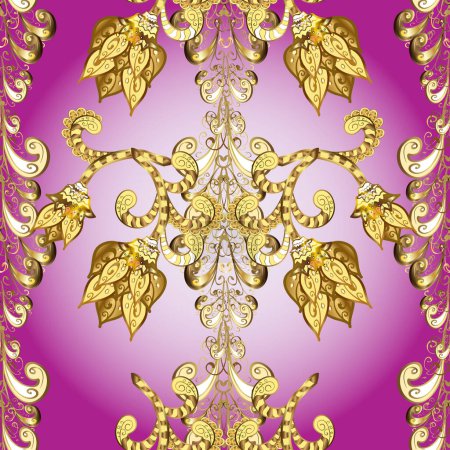 Photo for Seamless textured curls. Golden pattern. Oriental style arabesques golden pattern on a neutral, yellow and purple colors with golden elements. - Royalty Free Image