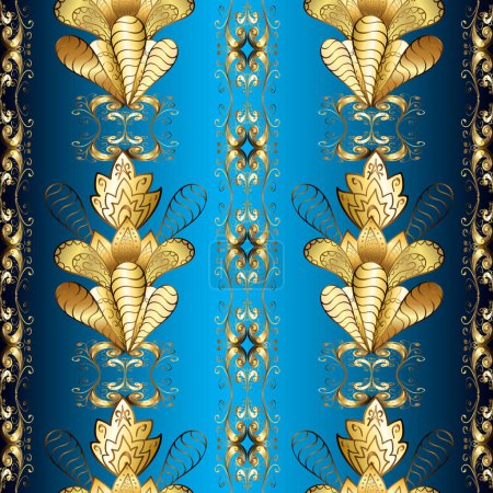 Photo for Golden mehndi seamless pattern. Pattern on brown, blue and beige colors. Ornamental floral elements with henna tattoo, golden stickers, mehndi and yoga design, cards and prints. - Royalty Free Image