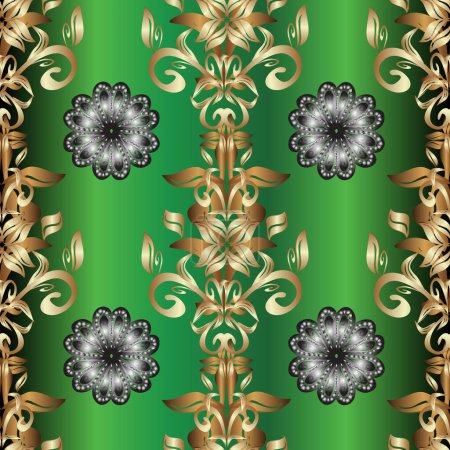 Photo for Pattern on green, gray and beige colors. Ornamental floral elements with henna tattoo, golden stickers, mehndi and yoga design, cards and prints. Golden mehndi seamless pattern. - Royalty Free Image