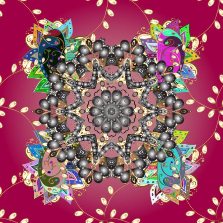 Photo for Floral ornament brocade textile pattern, glass, metal with floral pattern on gray, pink and purple colors with golden elements. Classic golden seamless pattern. - Royalty Free Image