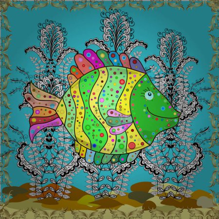 Yellow, white and blue. illustration. Seamless. Watercolor texture fish pattern.