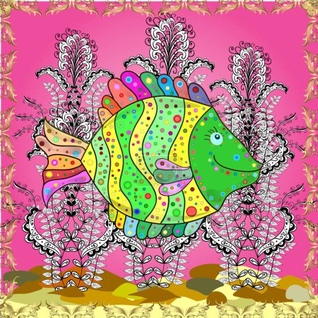 Photo for Seamless colorful background. Colorful cute texture fish pattern. Fishe on pink, white and yellow colord. illustration. - Royalty Free Image