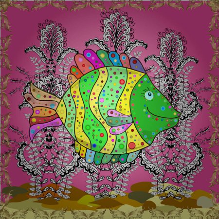 Illustration. Seamless pattern with fishes. Abstract illustration. Decorative ornament. Color image of repeating and alternating constituent elements.Fishes on yellow, white and pink.