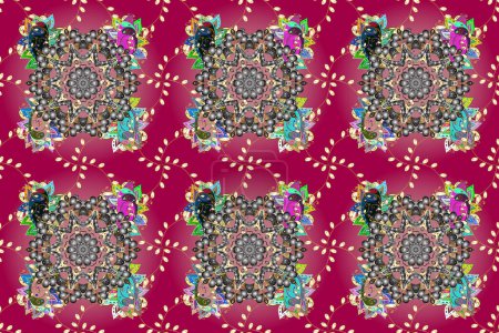 Photo for Classic golden seamless pattern. Floral ornament brocade textile pattern, glass, metal with floral pattern on gray, pink and purple colors with golden elements. - Royalty Free Image
