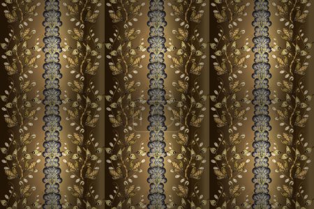 Photo for Golden snowflakes on gray, beige brown colors. Christmas gold snowflake seamless pattern. Winter snow texture wallpaper. Symbol holiday, New Year celebration raster golden pattern with golden elements - Royalty Free Image