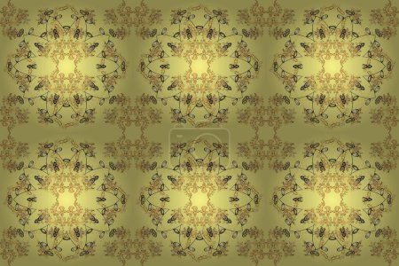 Photo for Raster traditional orient ornament. Seamless classic golden pattern. Golden pattern on gray, yellow and brown colors with golden elements. - Royalty Free Image