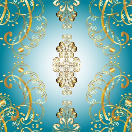 Photo for Symbol of winter, Merry Christmas holiday, Happy New Year 2019. Abstract wallpaper, wrapping decoration. Golden pattern on blue, yellow and neutral colors. Golden snowflake simple seamless pattern. - Royalty Free Image