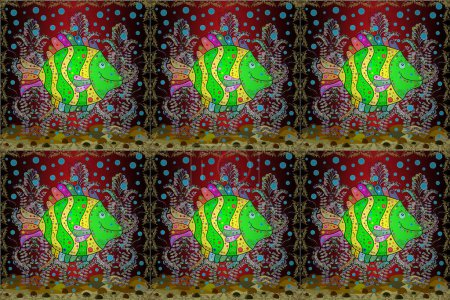 Foto de Cute texture fish pattern. Fishes on green, brown and red colors. Raster illustration. Seamless colorful background. - Imagen libre de derechos