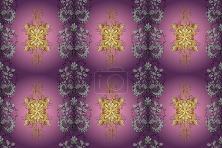 Photo for Ornamental floral elements with henna tattoo, golden stickers, mehndi and yoga design, cards and prints. Pattern on violet, purple and pink colors. Raster golden mehndi seamless pattern. - Royalty Free Image